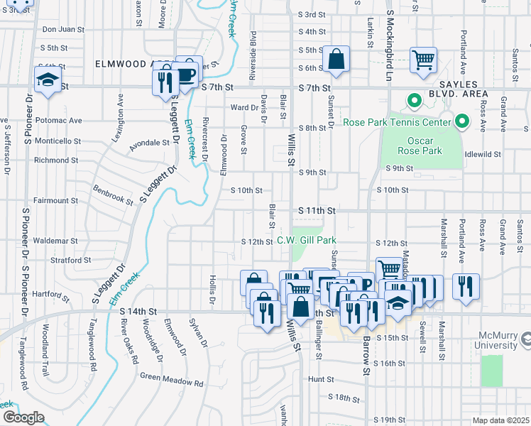 map of restaurants, bars, coffee shops, grocery stores, and more near 1102 Blair Street in Abilene