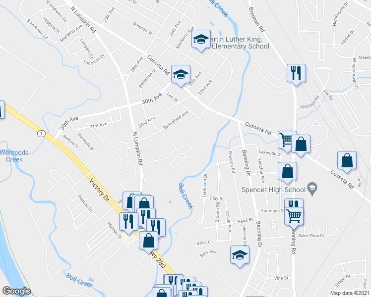 map of restaurants, bars, coffee shops, grocery stores, and more near 3351 North Lumpkin Road in Columbus