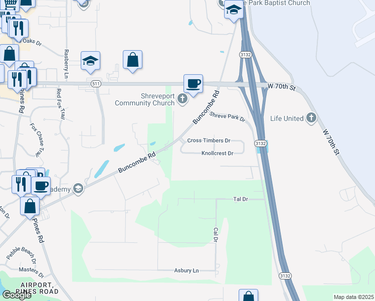 map of restaurants, bars, coffee shops, grocery stores, and more near 5634 Knollcrest Drive in Shreveport