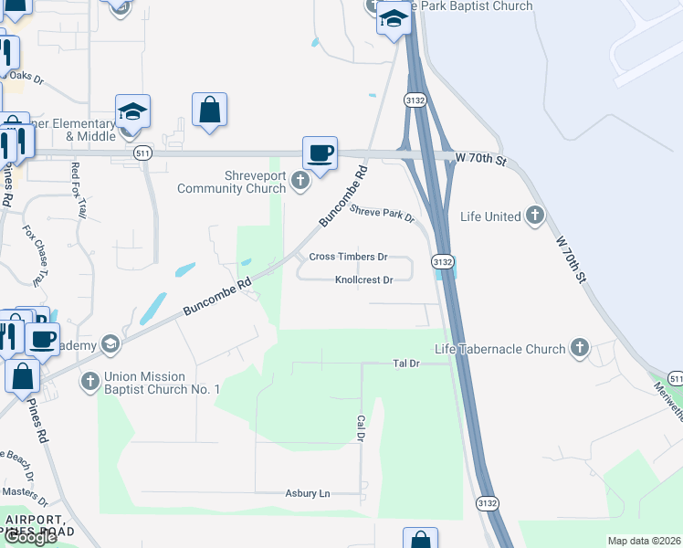 map of restaurants, bars, coffee shops, grocery stores, and more near 5610 Knollcrest Drive in Shreveport