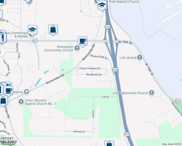 map of restaurants, bars, coffee shops, grocery stores, and more near 5610 Knollcrest Drive in Shreveport