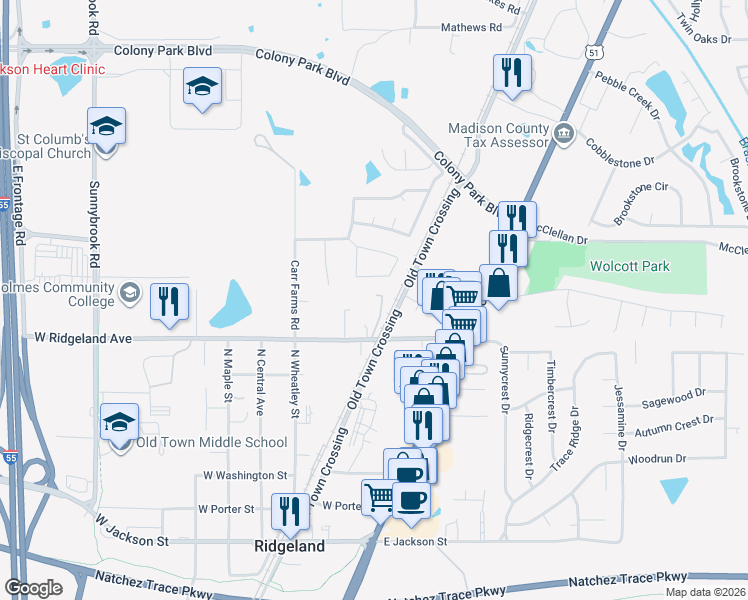 map of restaurants, bars, coffee shops, grocery stores, and more near 314 Mary Harris Lane in Ridgeland