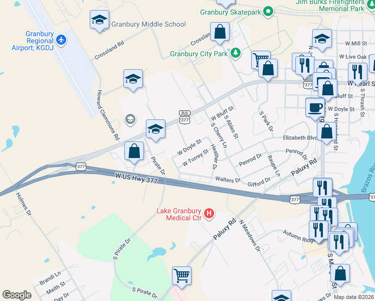 map of restaurants, bars, coffee shops, grocery stores, and more near 1718 Meadows North Drive in Granbury