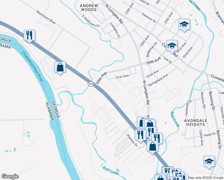 map of restaurants, bars, coffee shops, grocery stores, and more near 3139 Radford Street in Columbus