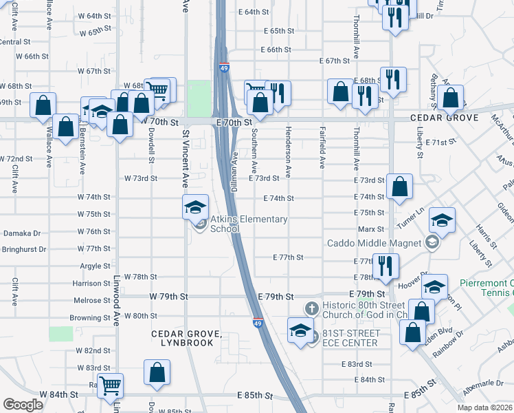 map of restaurants, bars, coffee shops, grocery stores, and more near 7407 Southern Avenue in Shreveport