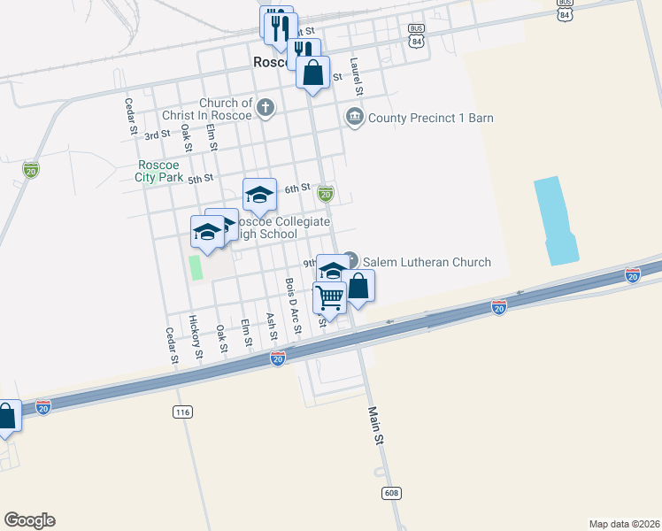 map of restaurants, bars, coffee shops, grocery stores, and more near 900 Main Street in Roscoe