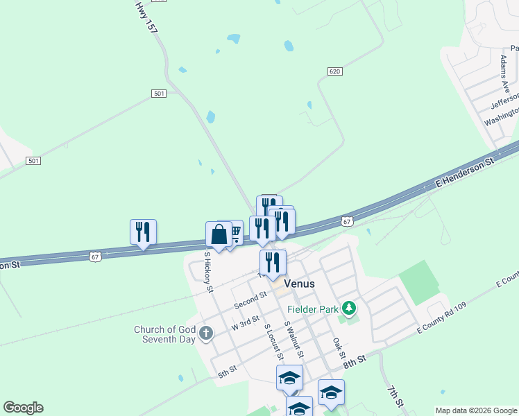 map of restaurants, bars, coffee shops, grocery stores, and more near 108 Farm to Market Road 157 in Venus