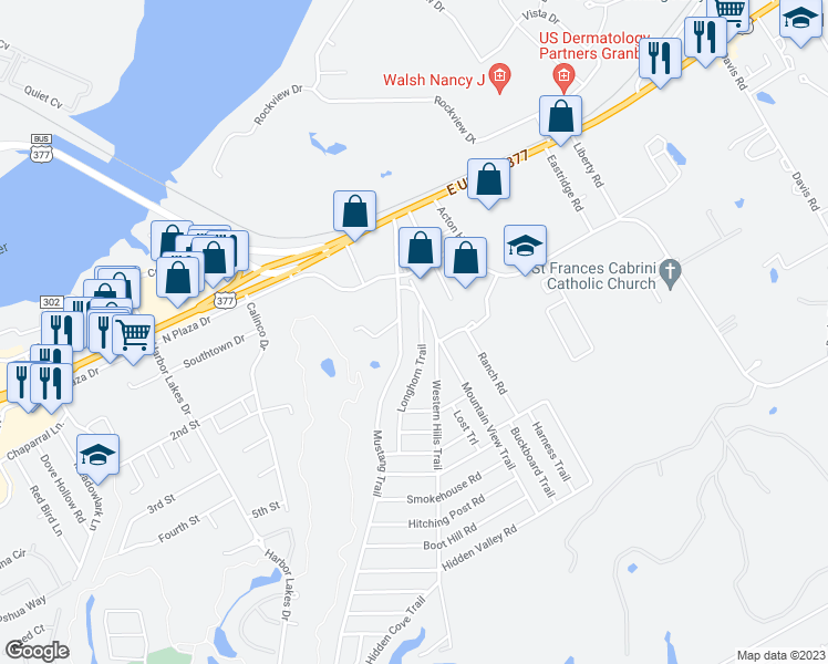 map of restaurants, bars, coffee shops, grocery stores, and more near 412 Longhorn Trail in Granbury