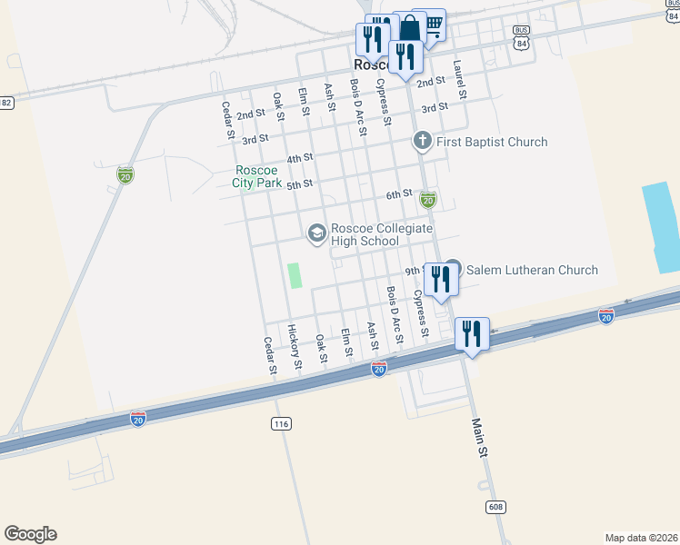 map of restaurants, bars, coffee shops, grocery stores, and more near 807 Elm Street in Roscoe