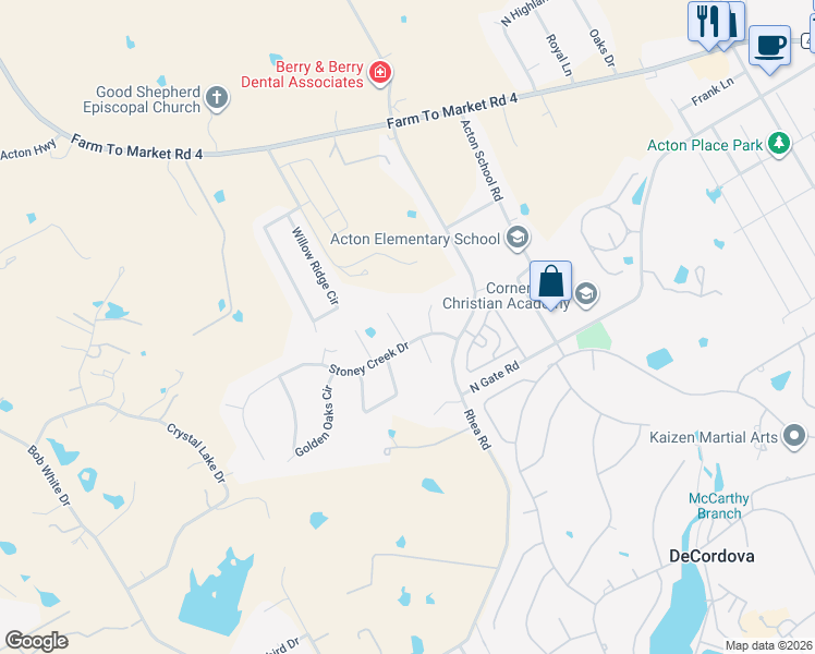 map of restaurants, bars, coffee shops, grocery stores, and more near 3109 Rim Rock Ct in Granbury