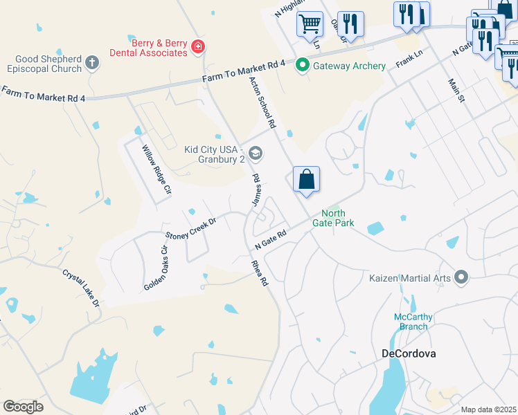 map of restaurants, bars, coffee shops, grocery stores, and more near 3451 Fountain Way in Granbury