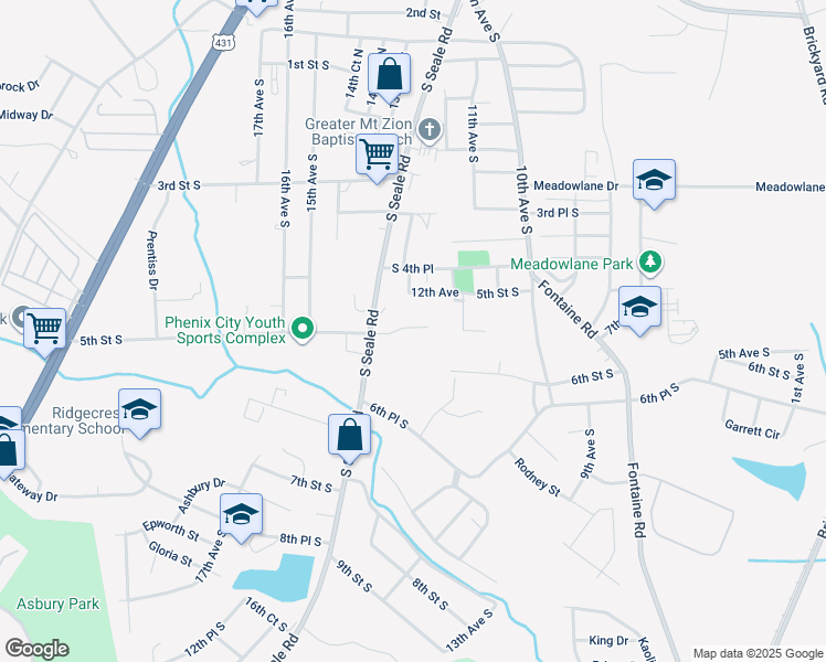 map of restaurants, bars, coffee shops, grocery stores, and more near 1111 5th St S in Phenix City