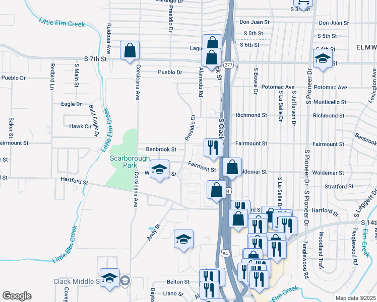 map of restaurants, bars, coffee shops, grocery stores, and more near 5201 Benbrook Street in Abilene