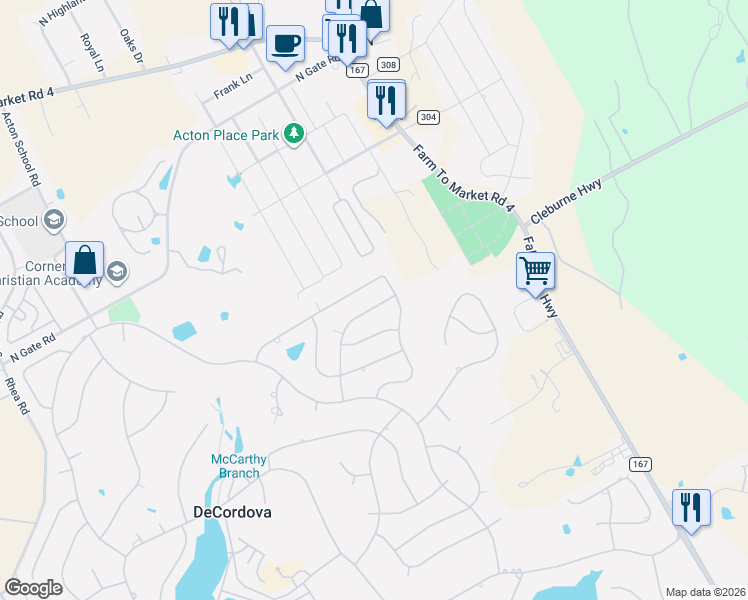 map of restaurants, bars, coffee shops, grocery stores, and more near 6316 Carrizo Drive in Granbury