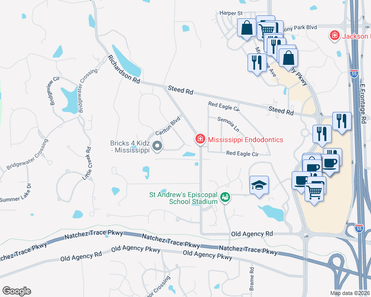 map of restaurants, bars, coffee shops, grocery stores, and more near 219 Oxford Place in Ridgeland