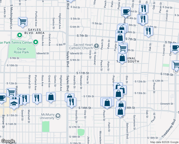 map of restaurants, bars, coffee shops, grocery stores, and more near 1041 Vine St in Abilene