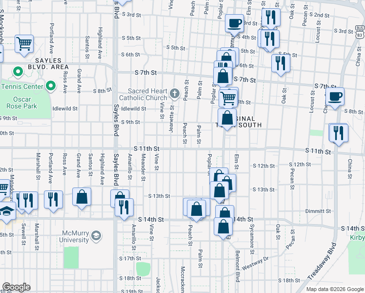 map of restaurants, bars, coffee shops, grocery stores, and more near 1618 South 11th Street in Abilene