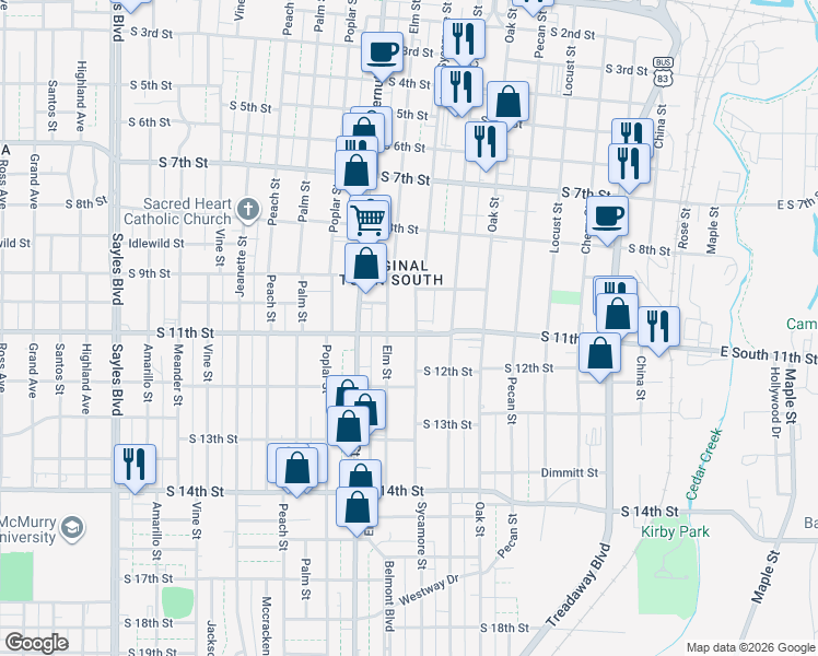 map of restaurants, bars, coffee shops, grocery stores, and more near 1042 Sycamore Street in Abilene