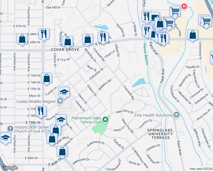map of restaurants, bars, coffee shops, grocery stores, and more near 7704 Babylon Circle in Shreveport