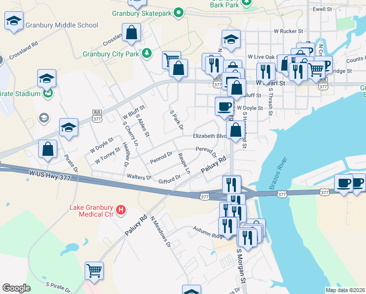map of restaurants, bars, coffee shops, grocery stores, and more near 912 North Penrod Drive in Granbury