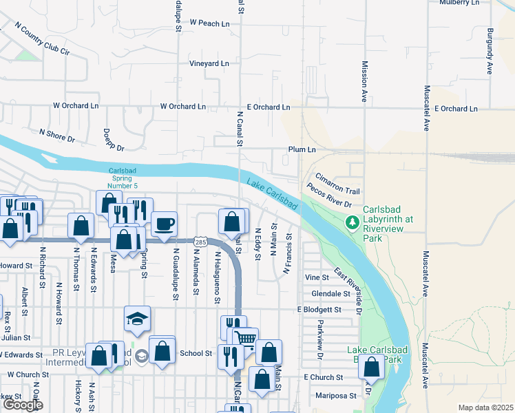 map of restaurants, bars, coffee shops, grocery stores, and more near 204 West Riverside Drive in Carlsbad