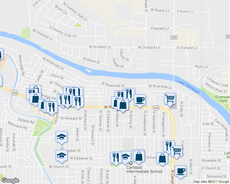 map of restaurants, bars, coffee shops, grocery stores, and more near 1119 North Mesa Street in Carlsbad
