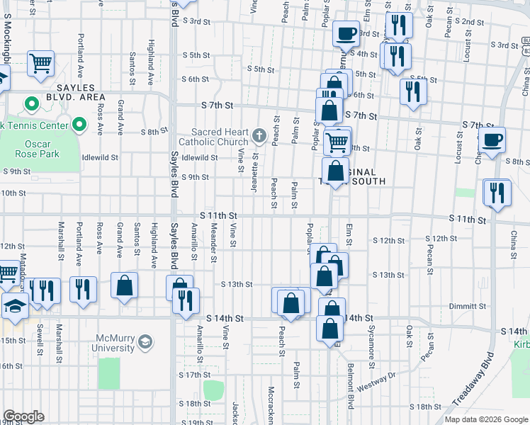 map of restaurants, bars, coffee shops, grocery stores, and more near 1618 South 11th Street in Abilene