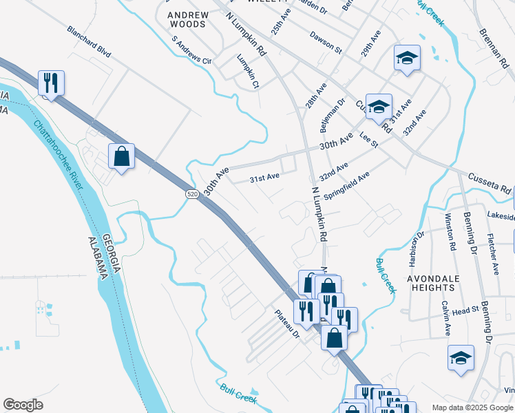 map of restaurants, bars, coffee shops, grocery stores, and more near 3202 Hubbard Street in Columbus