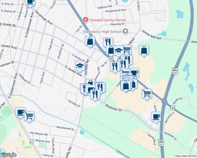 map of restaurants, bars, coffee shops, grocery stores, and more near 118 Simmons Road in Statesboro