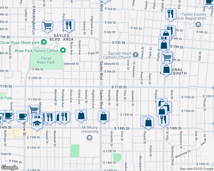 map of restaurants, bars, coffee shops, grocery stores, and more near 1042 Amarillo Street in Abilene