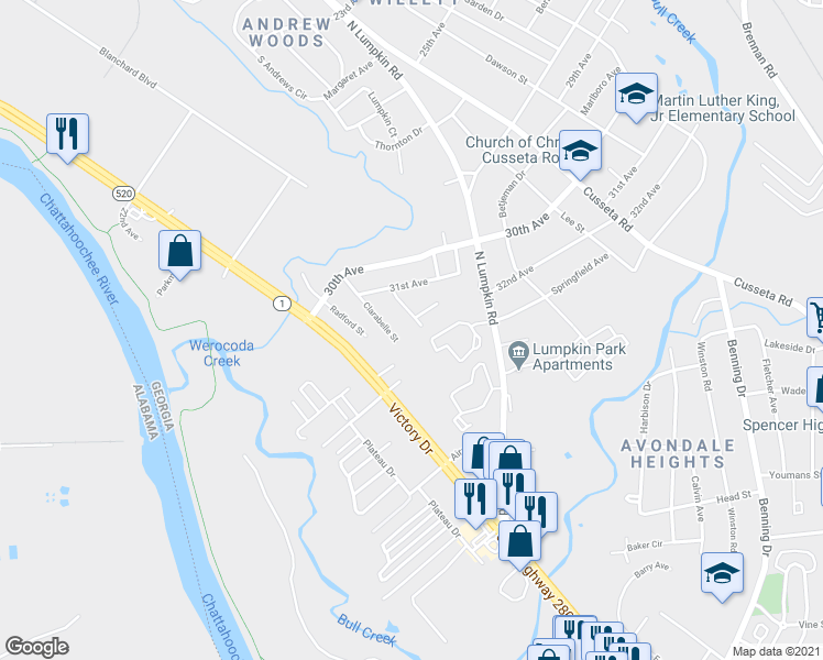 map of restaurants, bars, coffee shops, grocery stores, and more near 3202 Hubbard St in Columbus