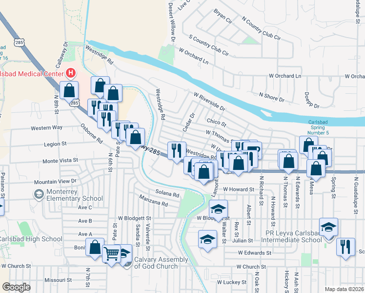 map of restaurants, bars, coffee shops, grocery stores, and more near 1600-1602 Westridge Rd in Carlsbad