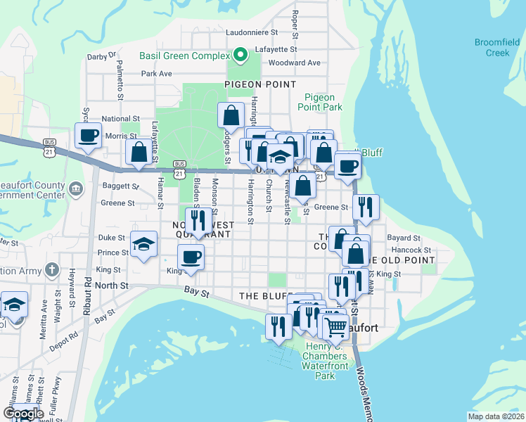 map of restaurants, bars, coffee shops, grocery stores, and more near 905 Harrington Street in Beaufort