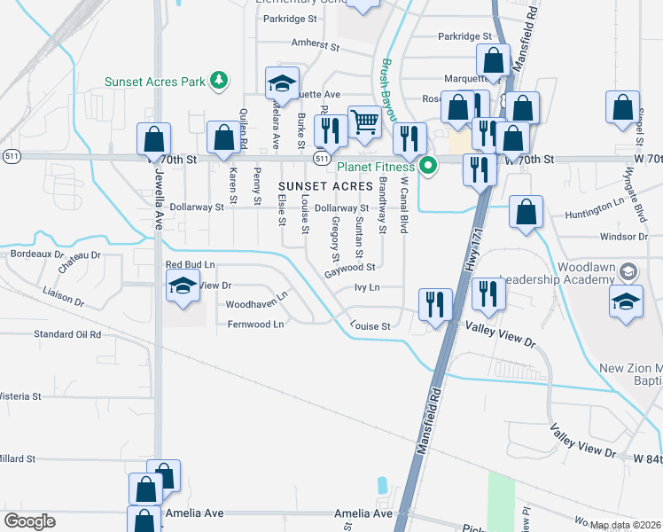map of restaurants, bars, coffee shops, grocery stores, and more near 7216 Gregory Street in Shreveport