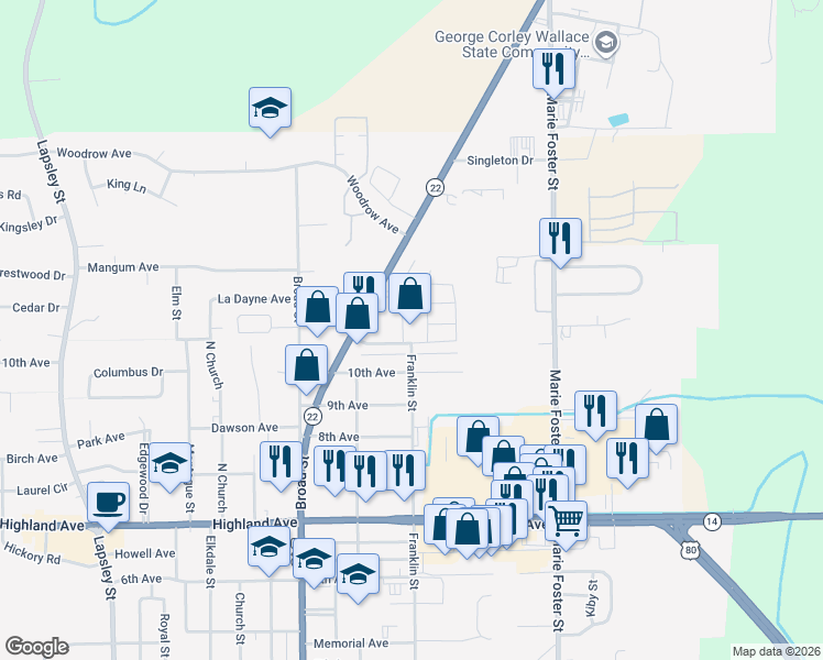 map of restaurants, bars, coffee shops, grocery stores, and more near 2802 Citizens Parkway in Selma