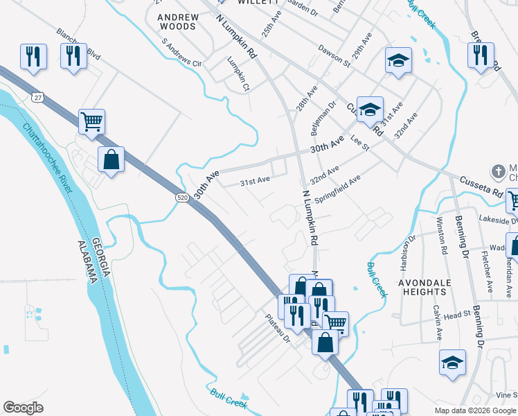 map of restaurants, bars, coffee shops, grocery stores, and more near 3202 Hubbard Street in Columbus