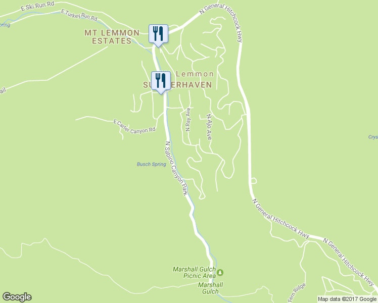 map of restaurants, bars, coffee shops, grocery stores, and more near 12689 North Tucson Avenue in Mount Lemmon