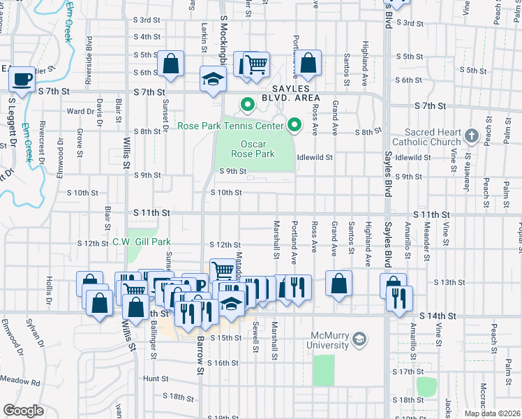 map of restaurants, bars, coffee shops, grocery stores, and more near 2742 South 11th Street in Abilene