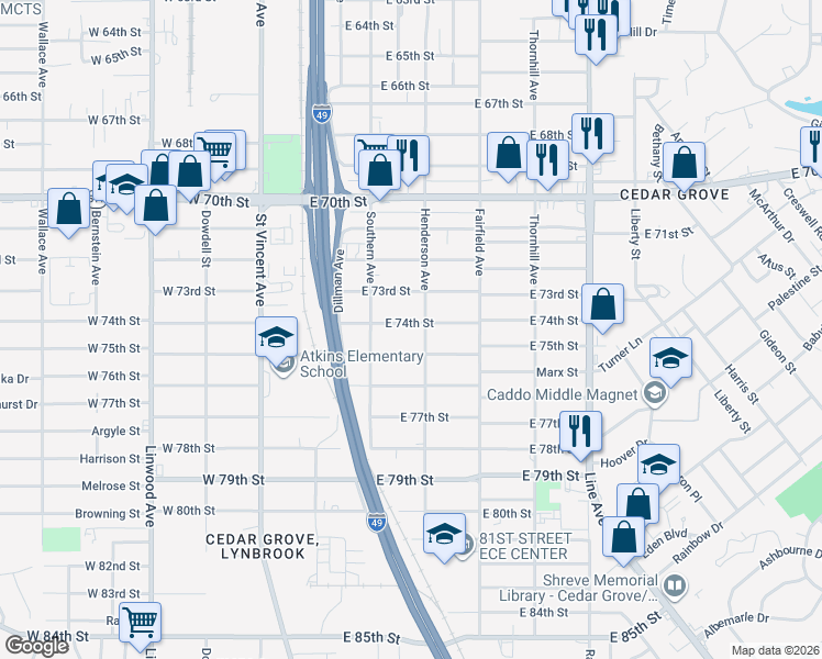 map of restaurants, bars, coffee shops, grocery stores, and more near 259 East 74th Street in Shreveport