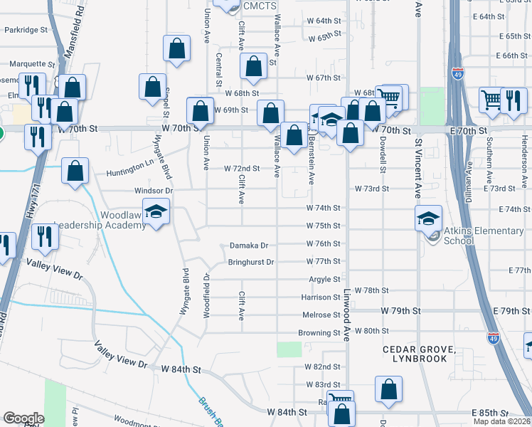 map of restaurants, bars, coffee shops, grocery stores, and more near 614 West 74th Street in Shreveport
