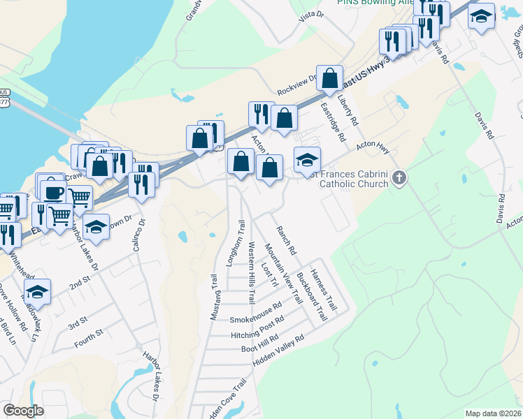 map of restaurants, bars, coffee shops, grocery stores, and more near 407 Ranch Road in Granbury
