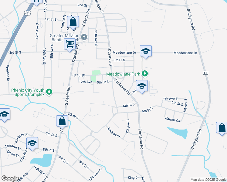 map of restaurants, bars, coffee shops, grocery stores, and more near 526 10th Avenue in Phenix City