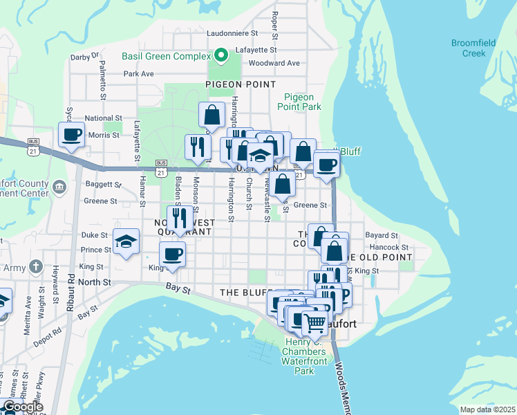 map of restaurants, bars, coffee shops, grocery stores, and more near 1108 Greene Street in Beaufort
