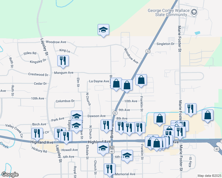 map of restaurants, bars, coffee shops, grocery stores, and more near 2710 North Broad Street in Selma