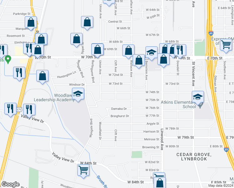map of restaurants, bars, coffee shops, grocery stores, and more near 646 West 74th Street in Shreveport