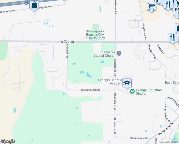map of restaurants, bars, coffee shops, grocery stores, and more near 6540 Lolette Ln in Shreveport