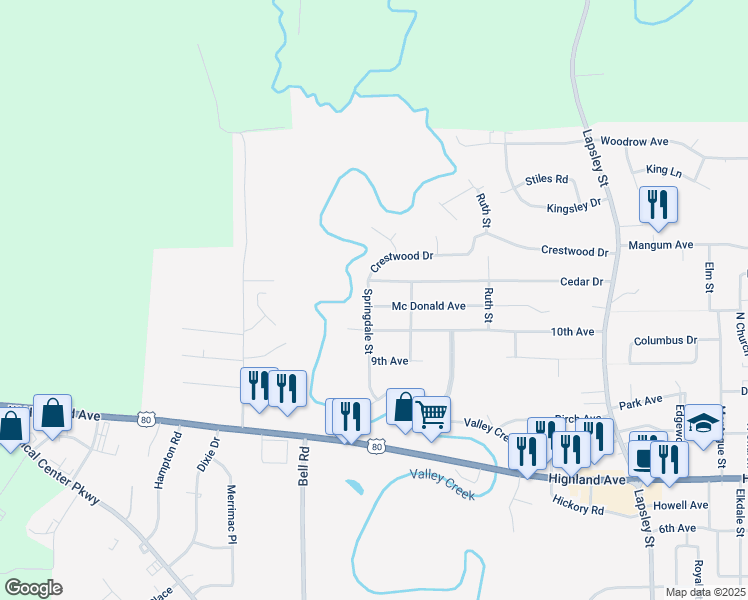 map of restaurants, bars, coffee shops, grocery stores, and more near 201 Mc Donald Avenue in Selma