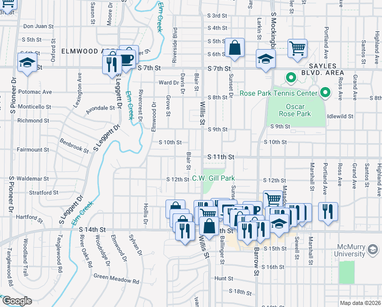 map of restaurants, bars, coffee shops, grocery stores, and more near 3342 South 11th Street in Abilene