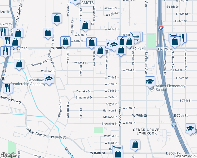 map of restaurants, bars, coffee shops, grocery stores, and more near 526 West 74th Street in Shreveport