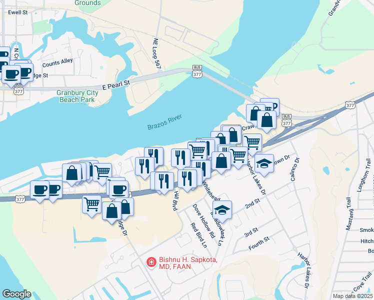 map of restaurants, bars, coffee shops, grocery stores, and more near 1220 Crawford Court in Granbury